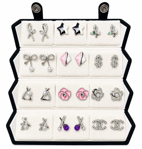 16 Pairs Trendy Stud Earrings Set for Women | Crystal, Pearl & Enamel Fashion Earrings | Silver-Plated Multipack Jewelry